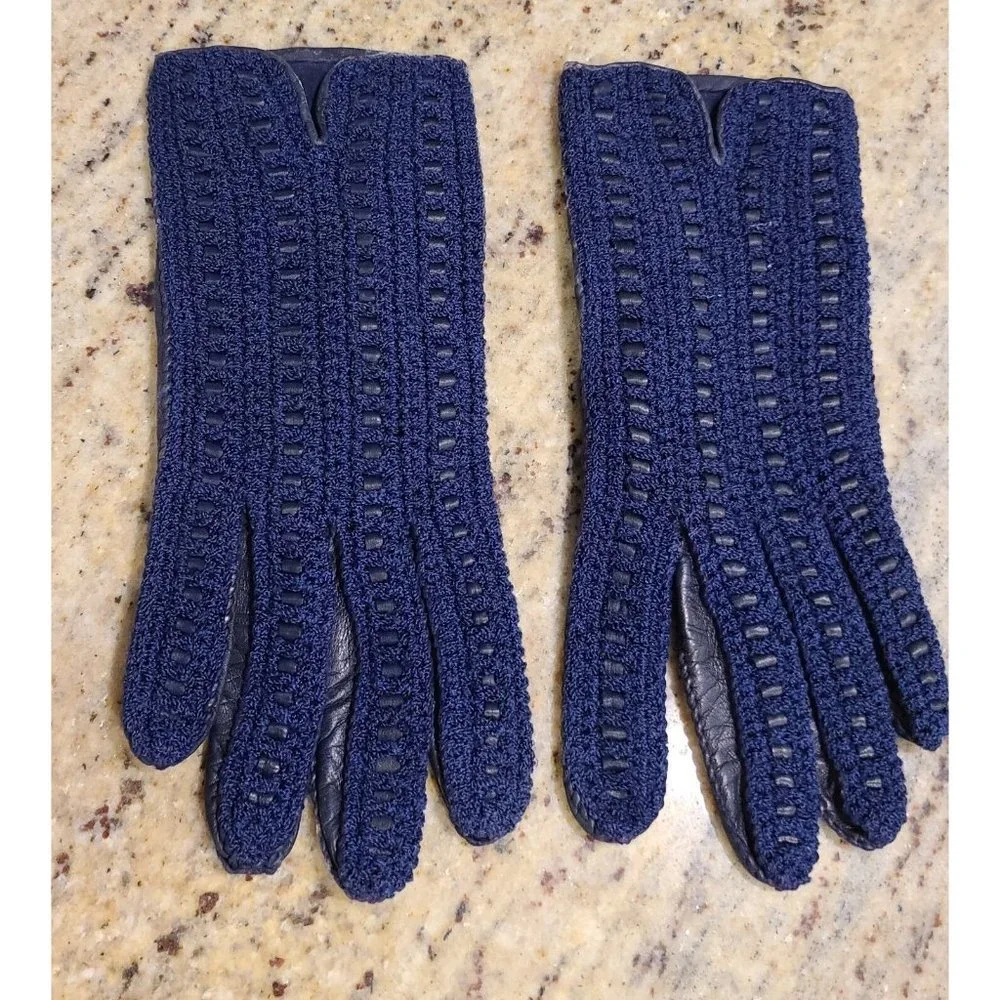 Vintage Size M 7 Blue Leather And Knit Handmade Gloves Hammer Of Hollywood